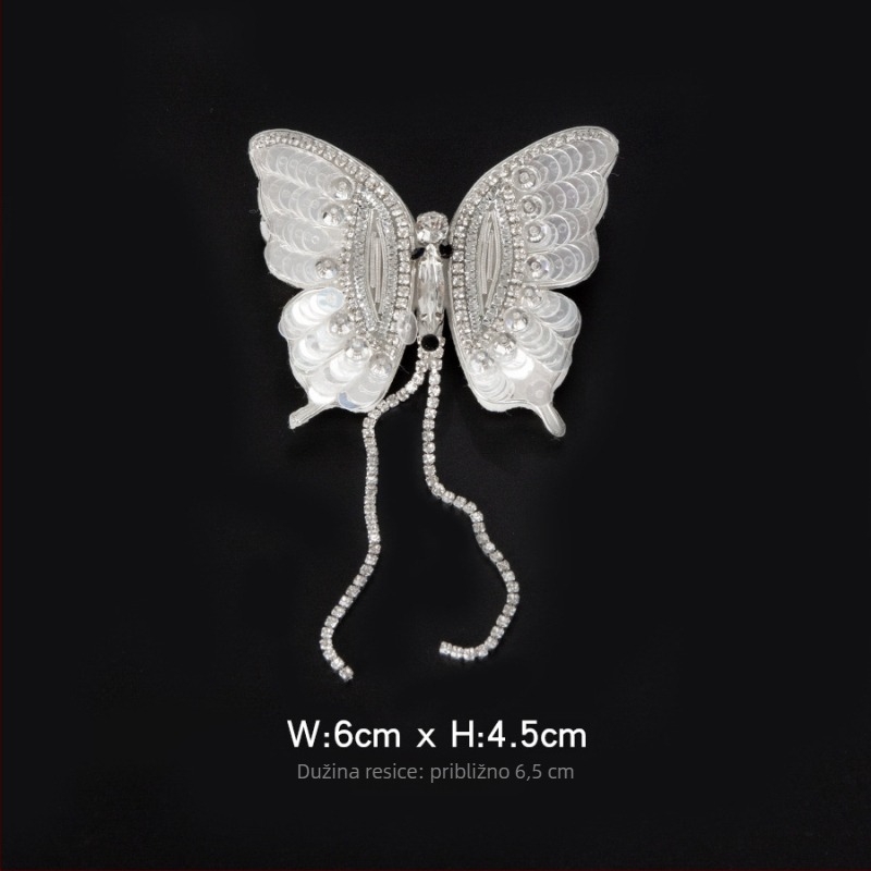 Filc aplikacija s motivom leptira, perlicama i kristalima, s resama - ručno šivani dodatak za haljine, cipele i torbe