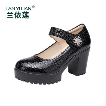 Ženske cipele s visokim petama od prave kože, okrugla prednja, debeli pet 6-8 cm, Velcro zatvarač