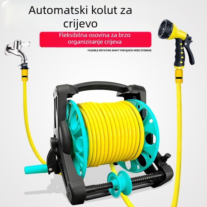 Prijenosni automatski navijač crijeva s držačem za pohranu, visokotlačni pištolj i kolica za crijevo za pranje automobila