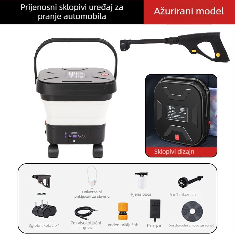 Cordiman bežični visokotlačni stroj za pranje automobila, sklopiv i prijenosan, maksimalni tlak 30 bar, protok 4 L/min, 24 V litijeva baterija, težina 2,4 kg