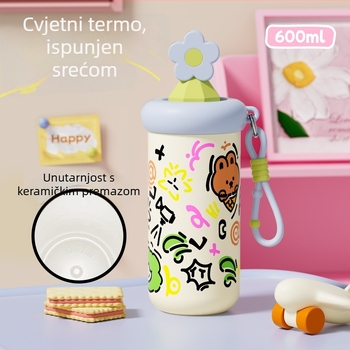 Termos šalice za žene sa slamkom, kompaktna i prijenosna, unutarnja posuda od 316 STL, vanjsko kućište od 201 STL, vakuumska izolacija 6–12 sati, odvajanje čaja i vode, mogućnost ispisa logotipa