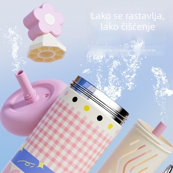 Termos šalice za žene sa slamkom, kompaktna i prijenosna, unutarnja posuda od 316 STL, vanjsko kućište od 201 STL, vakuumska izolacija 6–12 sati, odvajanje čaja i vode, mogućnost ispisa logotipa