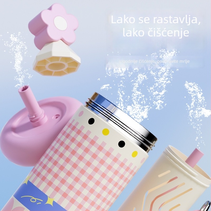Termos šalice za žene sa slamkom, kompaktna i prijenosna, unutarnja posuda od 316 STL, vanjsko kućište od 201 STL, vakuumska izolacija 6–12 sati, odvajanje čaja i vode, mogućnost ispisa logotipa