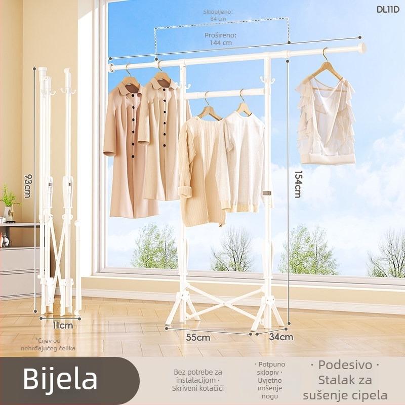 Stalak za sušenje odjeće na podu, mobilan, s jednom šipkom, od ugljičnog čelika, DL11, moderan minimalistički stil