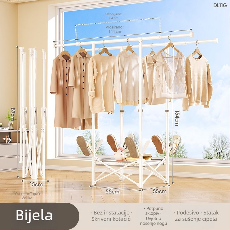 Stalak za sušenje odjeće na podu, mobilan, s jednom šipkom, od ugljičnog čelika, DL11, moderan minimalistički stil