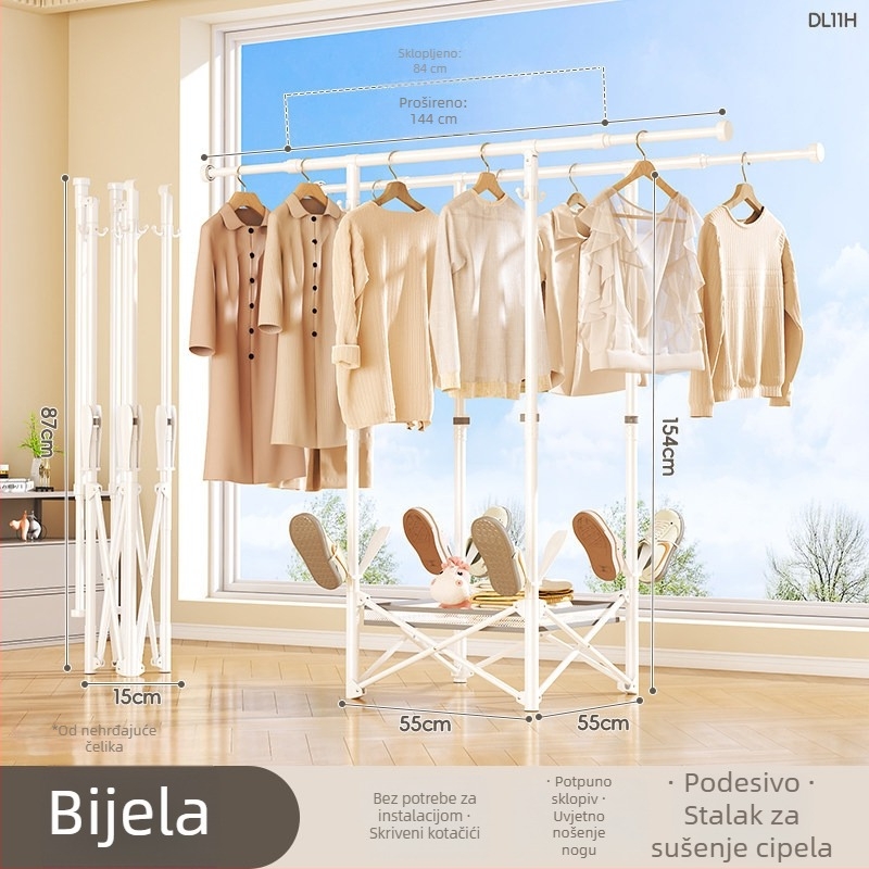 Stalak za sušenje odjeće na podu, mobilan, s jednom šipkom, od ugljičnog čelika, DL11, moderan minimalistički stil