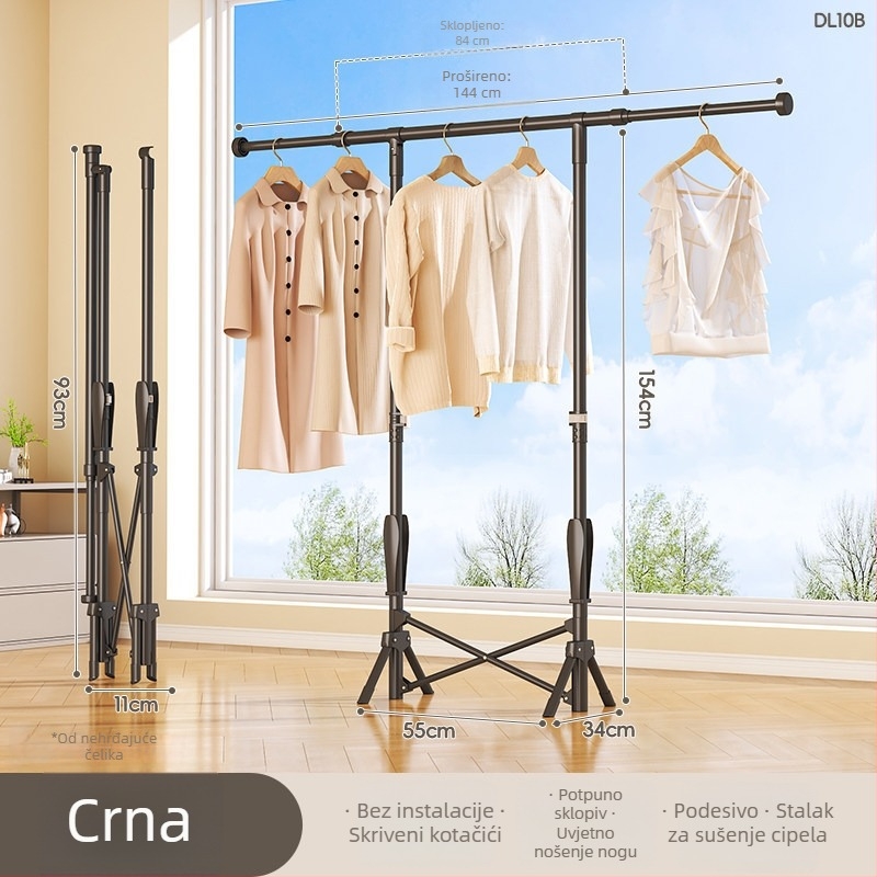 Stalak za sušenje odjeće na podu, mobilan, s jednom šipkom, od ugljičnog čelika, DL11, moderan minimalistički stil