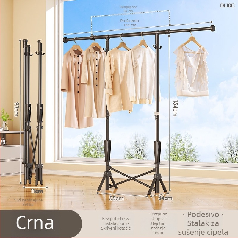 Stalak za sušenje odjeće na podu, mobilan, s jednom šipkom, od ugljičnog čelika, DL11, moderan minimalistički stil