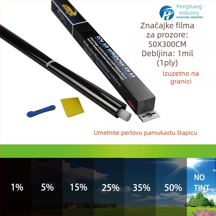 Solarna membrana za automobilno staklo – PET materijal, debljina 1 mil, ljepilo na bazi ulja, 2 godine jamstva