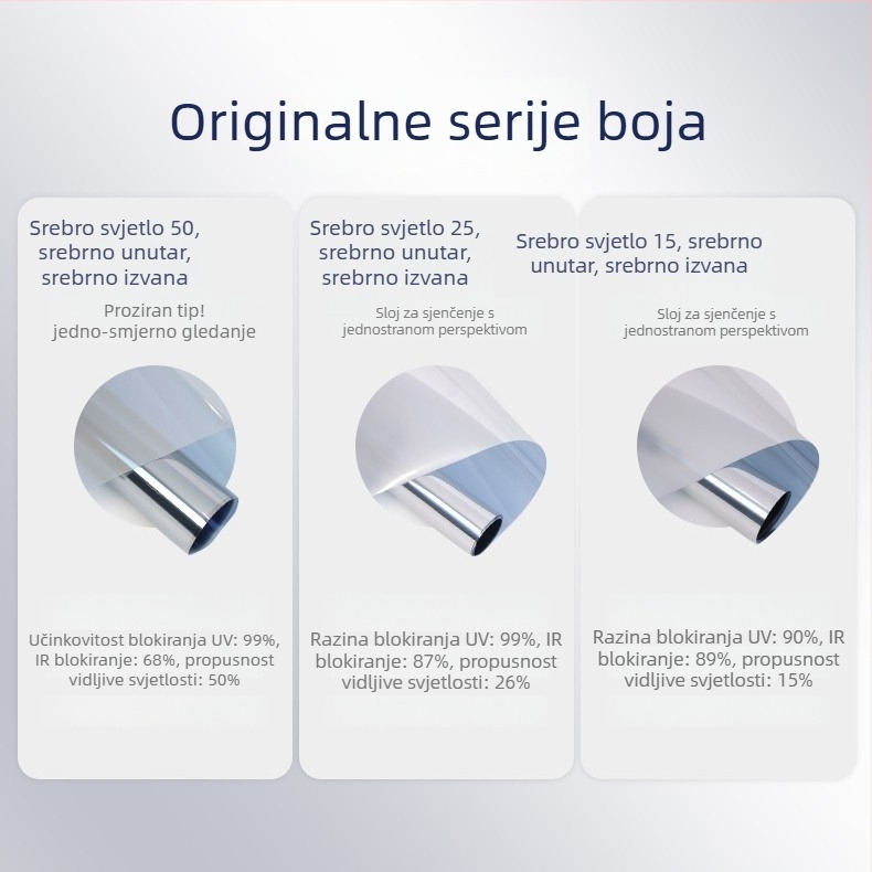 PET film za zaštitu od sunca i izolaciju, visoke propusnosti, samoljepljivi reflektirajući prozorski film, jednobojni dizajn za dnevnu sobu i balkon