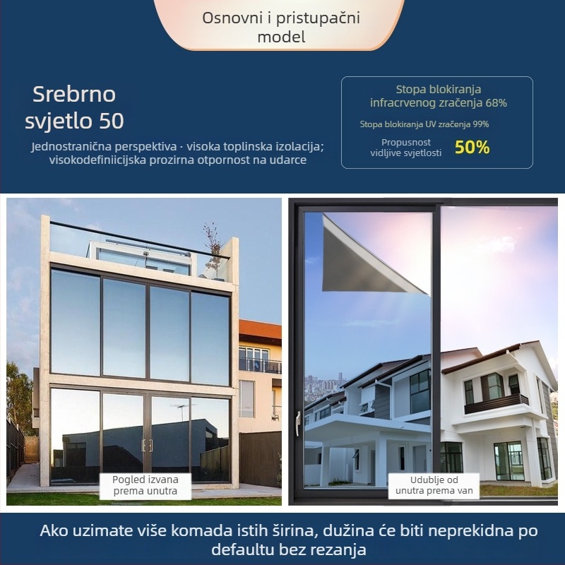 PET film za zaštitu od sunca i izolaciju, visoke propusnosti, samoljepljivi reflektirajući prozorski film, jednobojni dizajn za dnevnu sobu i balkon