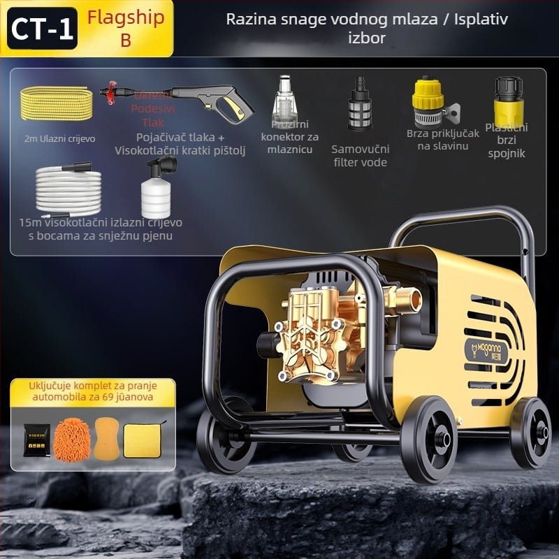 Kućni visokotlačni stroj za pranje automobila, 220V, 1600W, dužina crijeva 10–25 m, težina 5 kg, tlak 2.5–25 MPa
