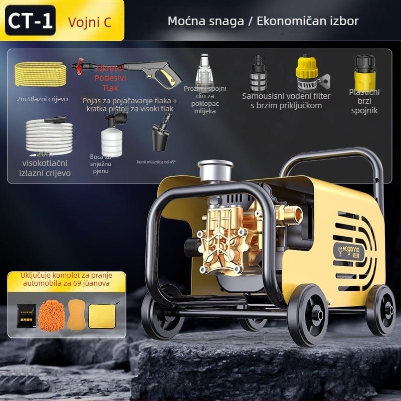 Kućni visokotlačni stroj za pranje automobila, 220V, 1600W, dužina crijeva 10–25 m, težina 5 kg, tlak 2.5–25 MPa