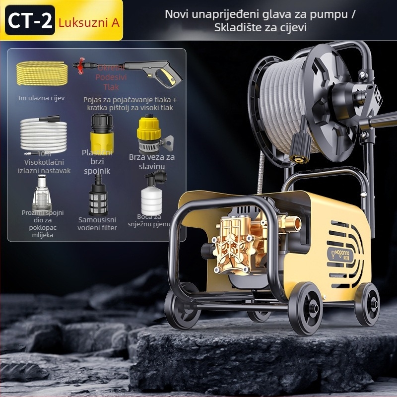 Kućni visokotlačni stroj za pranje automobila, 220V, 1600W, dužina crijeva 10–25 m, težina 5 kg, tlak 2.5–25 MPa
