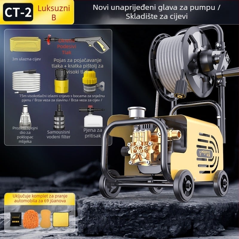 Kućni visokotlačni stroj za pranje automobila, 220V, 1600W, dužina crijeva 10–25 m, težina 5 kg, tlak 2.5–25 MPa