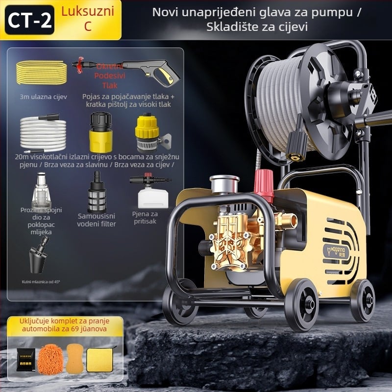 Kućni visokotlačni stroj za pranje automobila, 220V, 1600W, dužina crijeva 10–25 m, težina 5 kg, tlak 2.5–25 MPa