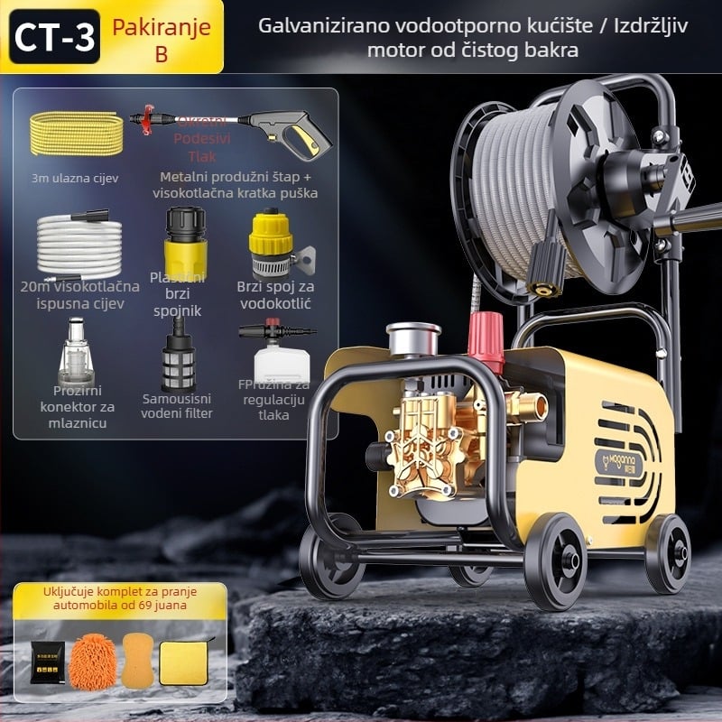 Kućni visokotlačni stroj za pranje automobila, 220V, 1600W, dužina crijeva 10–25 m, težina 5 kg, tlak 2.5–25 MPa