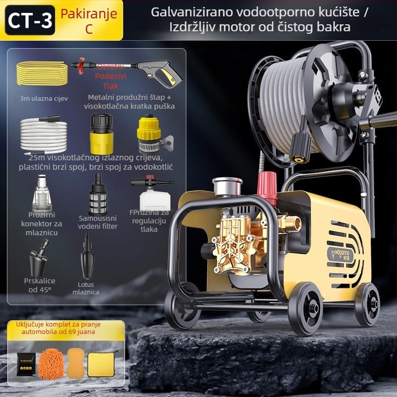 Kućni visokotlačni stroj za pranje automobila, 220V, 1600W, dužina crijeva 10–25 m, težina 5 kg, tlak 2.5–25 MPa