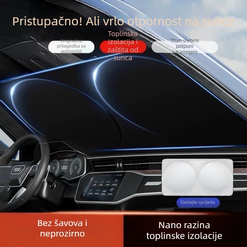 Automobilska sjenila za sunce s teleskopskim sklopom, aluminijska folija, srebrni premaz, toplinska izolacija, moguć tiskanje logotipa, univerzalno za sve modele