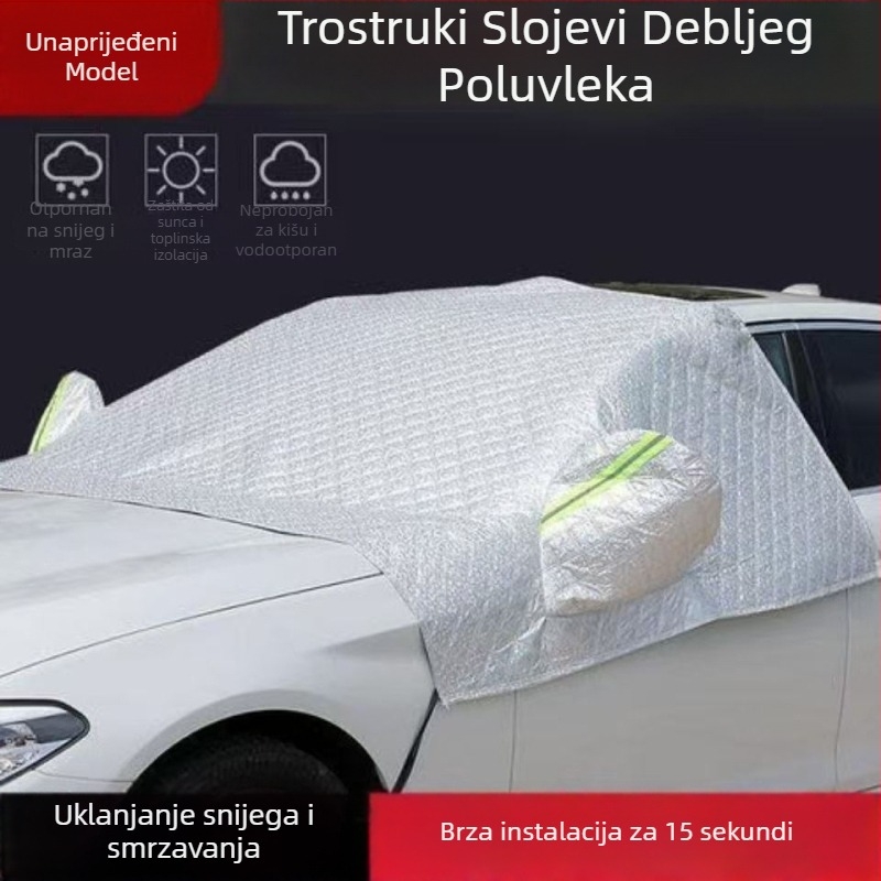 Univerzalno pokrivalo za prednje staklo automobila za zaštitu od snijega i smrzavanja – magnetske kopče, višeslojni aluminijski film (jednostrani/dvostrani/tristrani) s tri prozora, Oxford plat quilt stil, minimalistički stil