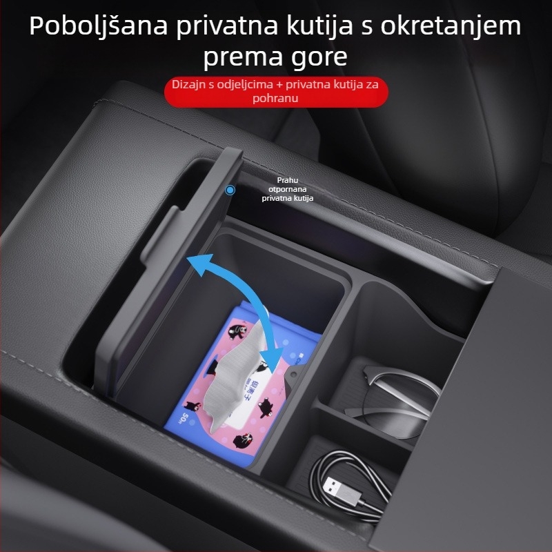 Tesla Model Y Kutija za skladištenje naslona za ruke – silikon, vodootporna, unutarnja montaža, prilagođena obrada, moguć otisak logotipa