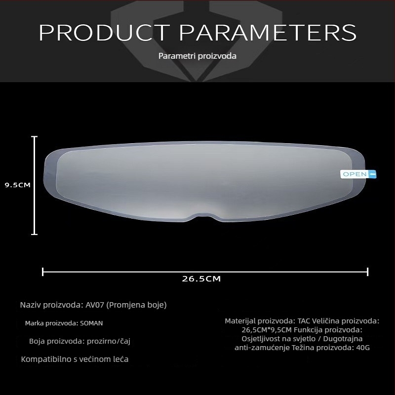 PET film za kacigu s anti-fog, UV zaštitom i promjenom boje — model 002