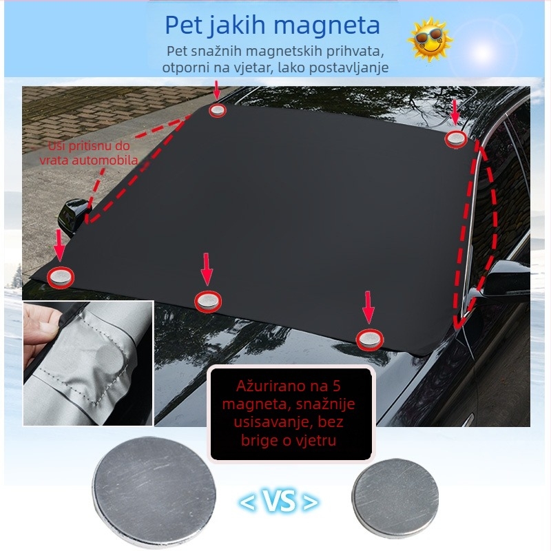 Magnetska zaštita prednjeg vjetrobranskog stakla automobila — snježna zaštita i antifriz, polukryt; Materijal: srebrno premazana tkanina; Težina: 0,2 kg; Pogodni modeli: General; Prilagodba: Da; Ispis logotipa: Da