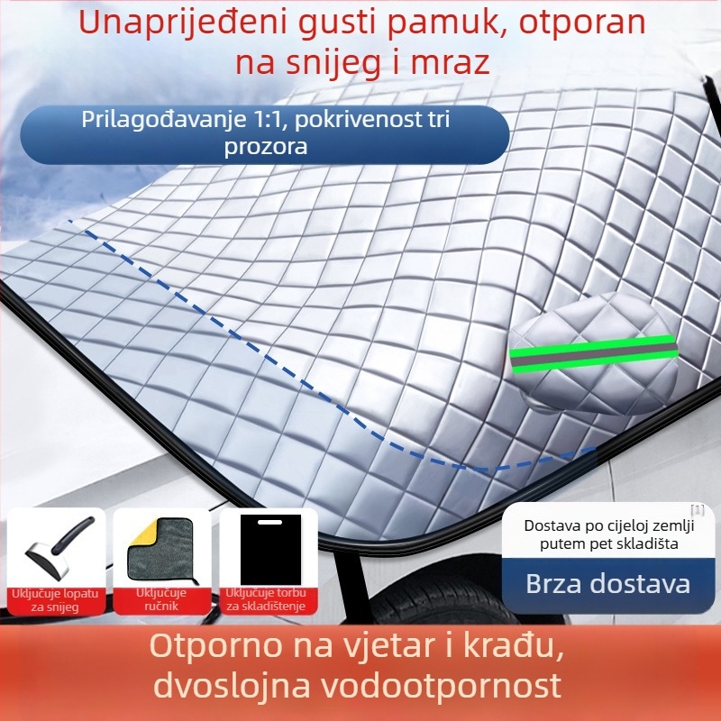 Zimski zaštitnik prednjeg vjetrobrana auta s aluminijskom folijom, karirani uzorak, sustav zakvačivanja, univerzalna prilagodba
