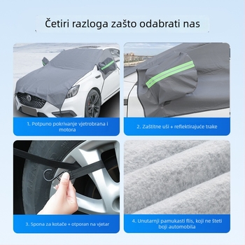 Zimska navlaka za vjetrobran automobila — potpuna zaštita motornog poklopca, materijal: meki Oxford plat flok, montaža kukom, univerzalna kompatibilnost, mogućnost otiska logotipa i licencirani privatni label