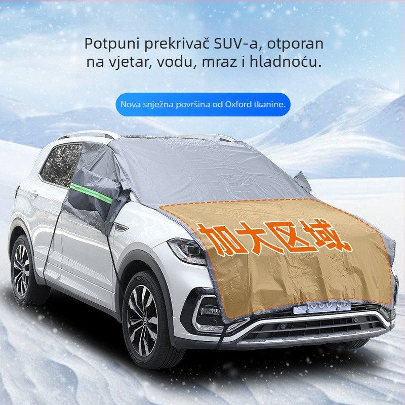 Zimska navlaka za vjetrobran automobila — potpuna zaštita motornog poklopca, materijal: meki Oxford plat flok, montaža kukom, univerzalna kompatibilnost, mogućnost otiska logotipa i licencirani privatni label