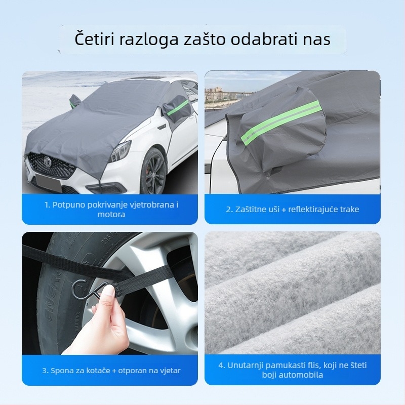 Zimska navlaka za vjetrobran automobila — potpuna zaštita motornog poklopca, materijal: meki Oxford plat flok, montaža kukom, univerzalna kompatibilnost, mogućnost otiska logotipa i licencirani privatni label
