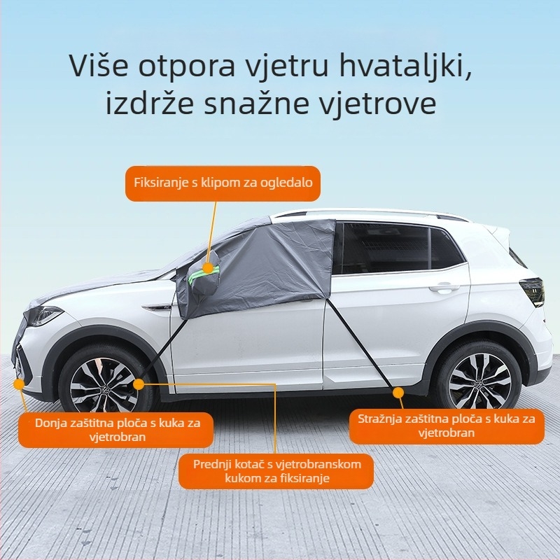 Zimska navlaka za vjetrobran automobila — potpuna zaštita motornog poklopca, materijal: meki Oxford plat flok, montaža kukom, univerzalna kompatibilnost, mogućnost otiska logotipa i licencirani privatni label