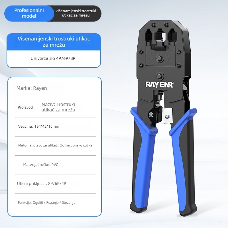 Krimp alata za mrežne kablove RJ45, Cat5–Cat8, profesionalne razine, dizajn koji štedi napor, materijal A3 čelik, kućni tester alat