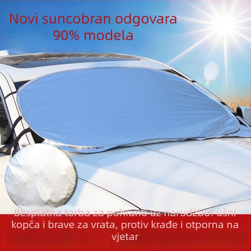 Auto sjenilo za prednje staklo, flokirana aluminijska folija, snap-in ugradnja, prikladno za opće modele, moguć tisk logotipa
