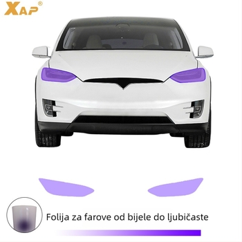 TPU film za farove Tesla Model X, promjena boje pod utjecajem svjetla, samoreparirajući, otporan na ogrebotine, prijelaz iz bijele u ljubičastu.