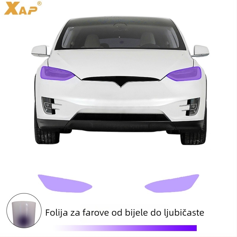 TPU film za farove Tesla Model X, promjena boje pod utjecajem svjetla, samoreparirajući, otporan na ogrebotine, prijelaz iz bijele u ljubičastu.