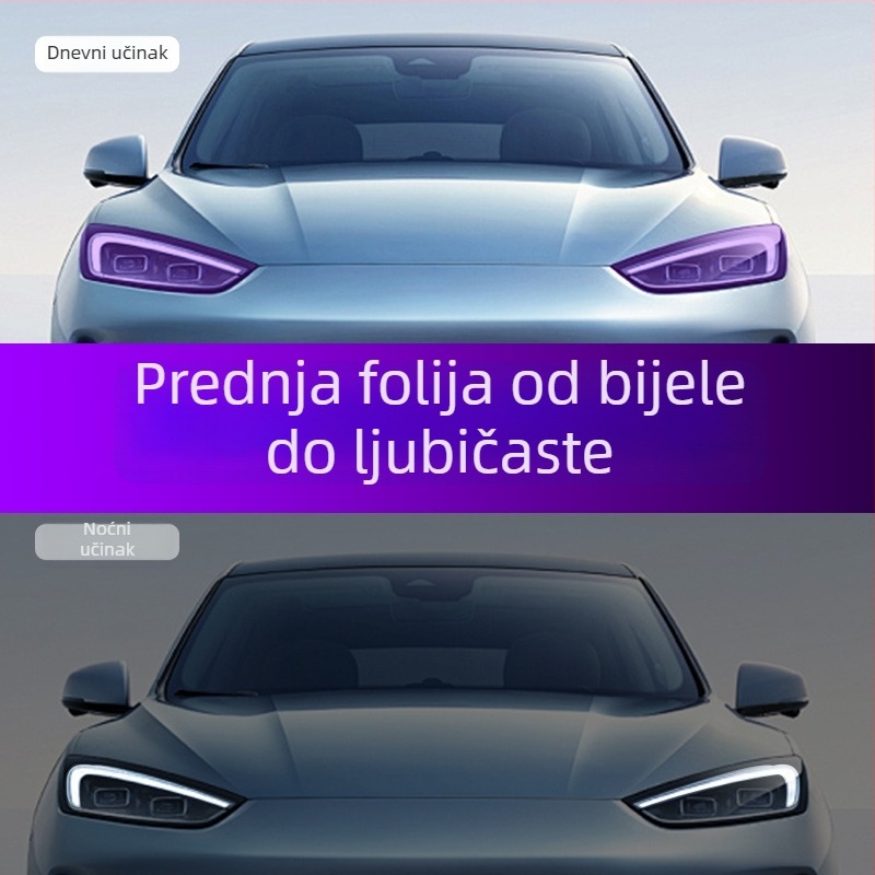 TPU film za farove Tesla Model X, promjena boje pod utjecajem svjetla, samoreparirajući, otporan na ogrebotine, prijelaz iz bijele u ljubičastu.