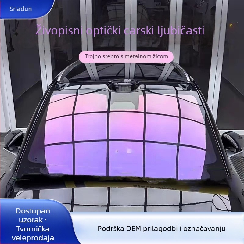 Folija za prednje staklo automobila u carsko ljubičastoj boji — mijenja boju, privatnost, optički toplinski film s tri srebrne pruge i metalnom žicom