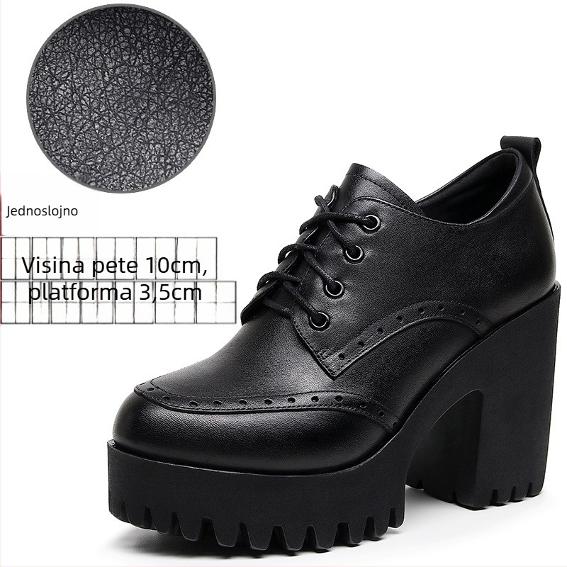 Ženske brogue cipele s vezicama - okrugli vrh, dvostruka koža gornjeg dijela, masivan visoki pet, mikrovlakna podstava