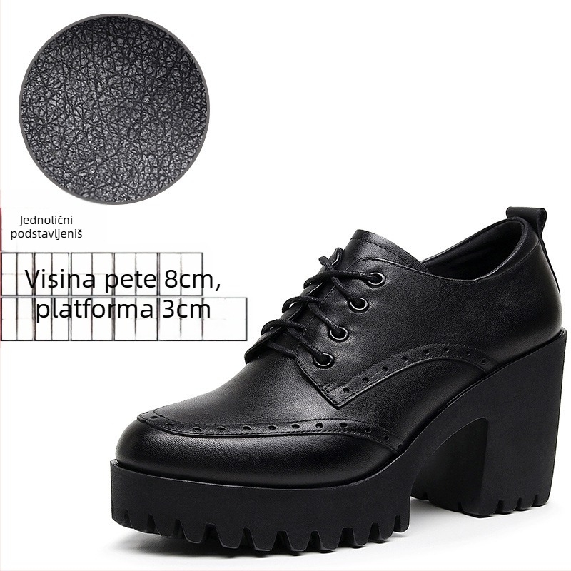 Ženske brogue cipele s vezicama - okrugli vrh, dvostruka koža gornjeg dijela, masivan visoki pet, mikrovlakna podstava