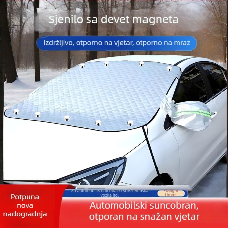 Automobilska zaštita od snijega i sunca za prednje staklo, magnetsko pričvršćivanje, ojačani polukrov, pamukovo‑vlaknasti materijal, universalna prilagodba, bez prilagođavanja