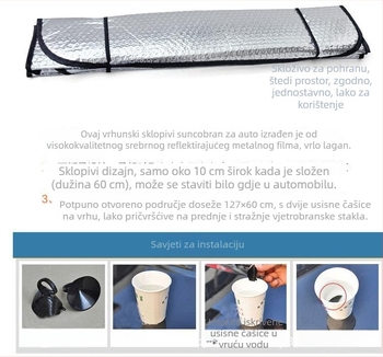 Auto sjenilo za prednje staklo, aluminijska folija, montaža uz pomoć usisne čašice, opća kompatibilnost, zaštita od sunca i toplinske izolacije