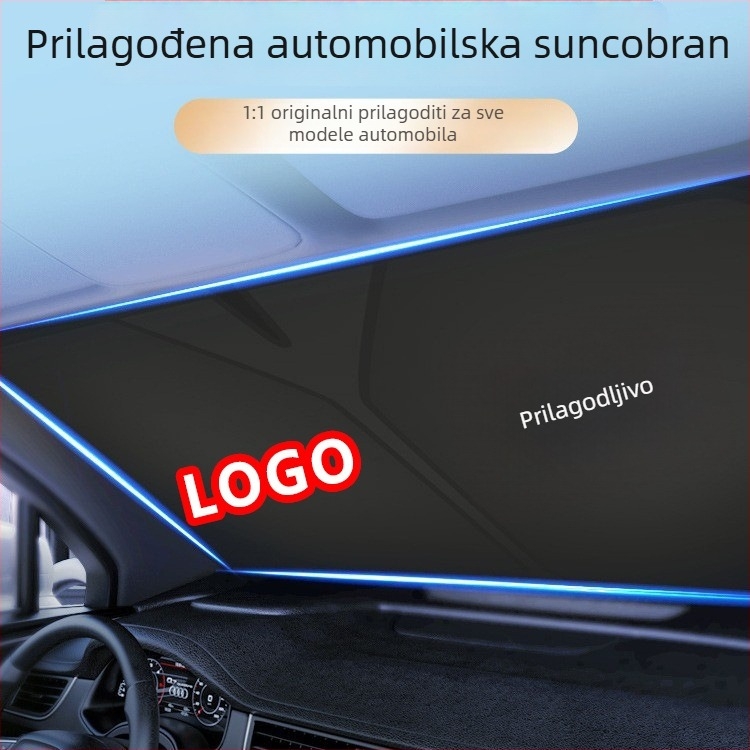 Auto sjenilo za unutrašnjost s termoizolacijskom aluminijskom folijom, teleskopska instalacija za prednje vjetrobransko staklo, uzorak s logom marke, 300 g