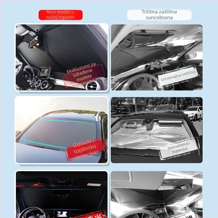 Auto sjenilo za unutrašnjost s termoizolacijskom aluminijskom folijom, teleskopska instalacija za prednje vjetrobransko staklo, uzorak s logom marke, 300 g