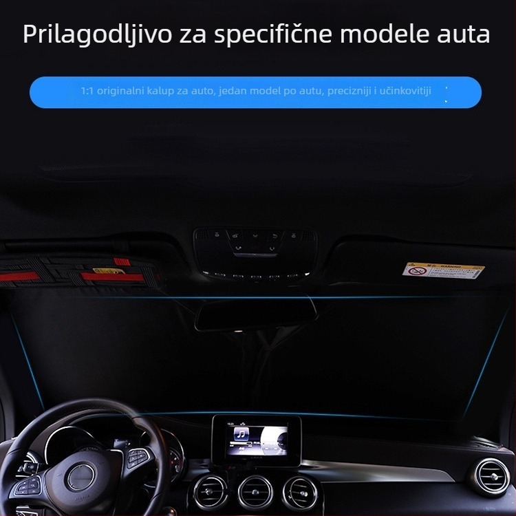 Auto sjenilo za unutrašnjost s termoizolacijskom aluminijskom folijom, teleskopska instalacija za prednje vjetrobransko staklo, uzorak s logom marke, 300 g