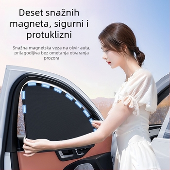 Auto zavjesa za sunce s magnetskim pričvršćivanjem, materijal: platno s premazom srebra i čelična žica, univerzalna kompatibilnost, marka Along the Way, mogućnost ispisa logotipa, prilagodba po narudžbi