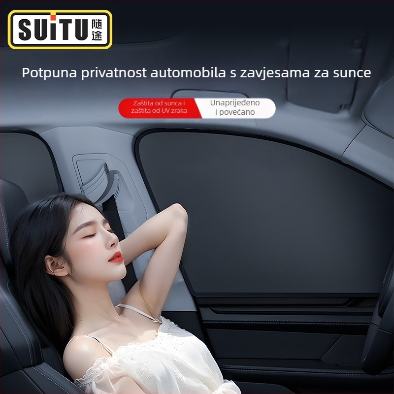 Auto zavjesa za sunce s magnetskim pričvršćivanjem, materijal: platno s premazom srebra i čelična žica, univerzalna kompatibilnost, marka Along the Way, mogućnost ispisa logotipa, prilagodba po narudžbi