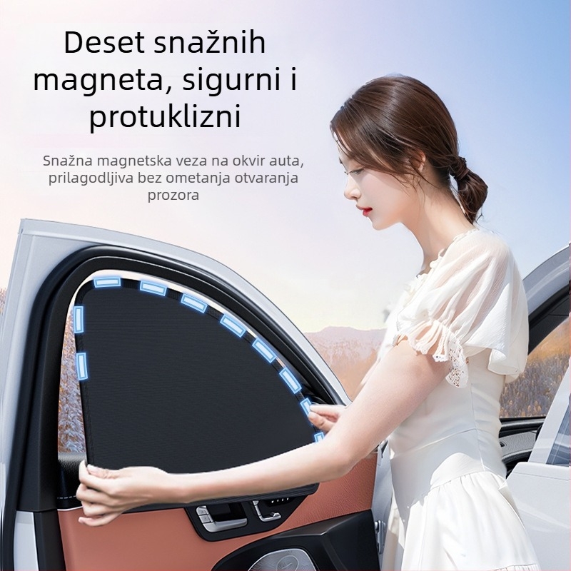 Auto zavjesa za sunce s magnetskim pričvršćivanjem, materijal: platno s premazom srebra i čelična žica, univerzalna kompatibilnost, marka Along the Way, mogućnost ispisa logotipa, prilagodba po narudžbi