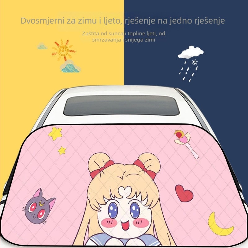 Auto zaštita od snijega za prednje staklo – aluminijska folija, ljepljiva montaža, univerzalna prilagodba, težina 0,3 kg, dizajn crtani djevojčica