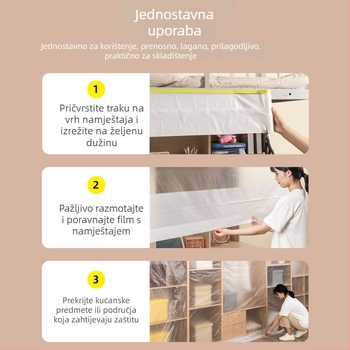 Prozirna maskirajuća folija za zaštitu od prašine pri bojanju namještaja i garderobe – 7 μm, 20 m duljine, 95% prozirnosti, PE s papirnom podlogom, maskirajući ljepilo